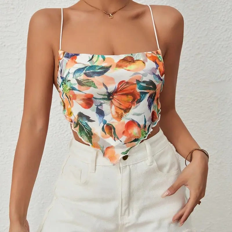 Boho Sleeveless Backless Top Floral Print Bandana Hem Cami Crop Top