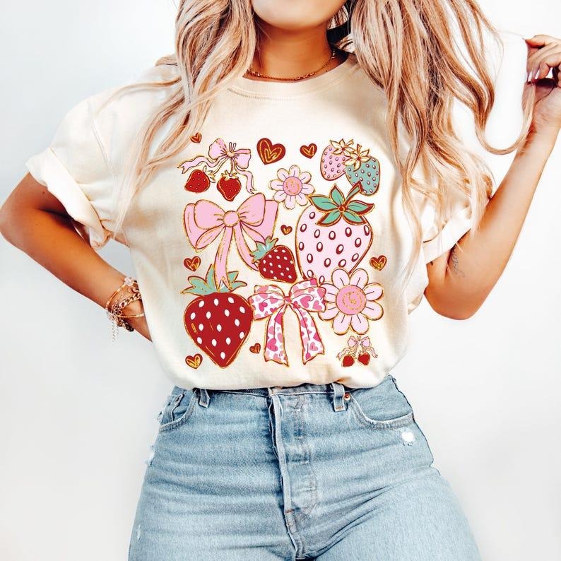Boho Strawberry Coquette t-shirt, Preppy Strawberries shirt, Strawberry Festival t-shirt, Summer Strawberry shirt, Floral...