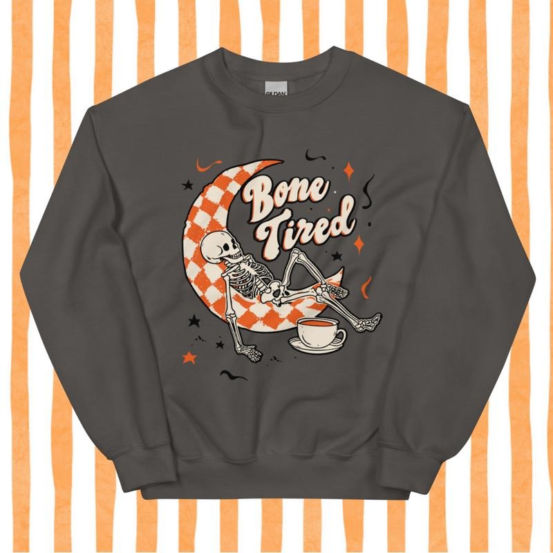 Bone Tired Skeleton Coffee and Crescent Moon Sweatshirt, Checkered Pattern, Halloween and Autumn Tops, Gift for Her