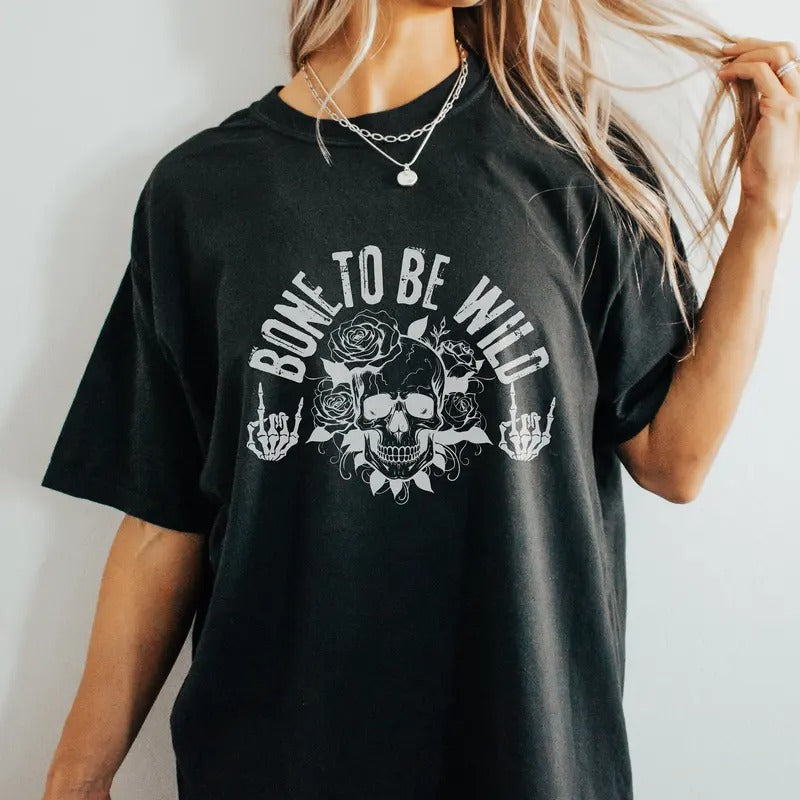 Bone To Be Wild Funny Oversized Halloween Tee Spooky Season Shirt For Him Or Her Gym Pump Cover For Halloween Night Skeleton Vibes Shirt