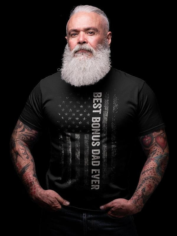 Bonus Dad T-Shirt, Funny Stepdad Gift Tee, Best Step Dad Patriotic Shirt for Men, Ultra Soft Cotton Tee, Everyday Casual Wear