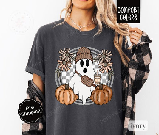 Boojee Ghost Shirt Comfort Colors, Cute Ghost Halloween Shirt,  October Vibes Shirt for Women Oversized Crewneck Tee