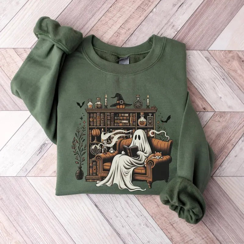 Bookish Halloween Sweatshirt, Retro Ghost Reading Sweatshirt, Librarian Ghost Halloween Teacher Sweatshirt, Ghost Bookish Bookworm Halloween Shirt, Fall Halloween Ghost Book Lover Gift S