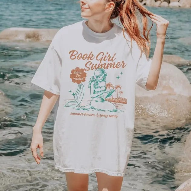 Bookish Tees Book Girl Summer Shirt, Bookish Mermaid Shirt for Book Lovers, Funny Reader Preppy Vacation Shirt, Romantasy Ocean Inspired Beachy Shirt