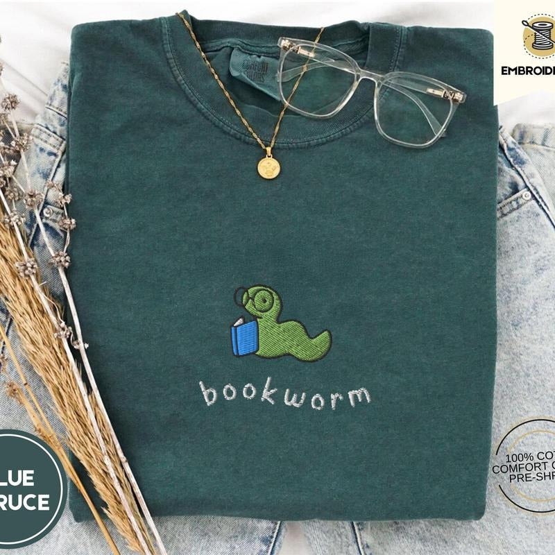Bookworm Embroidered Tee, Cute Comfort Colors Shirt for Book Lovers, Bookish Gifts