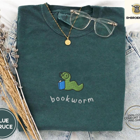 Bookworm Embroidered Tee, Cute Comfort Colors Shirt for Book Lovers, Bookish Gifts