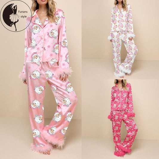 Women Christmas Pajamas Lounge Set Santa/Christmas Tree/Boots Print Shirts Tops and Pants 2 Piece Loungewear Outfits