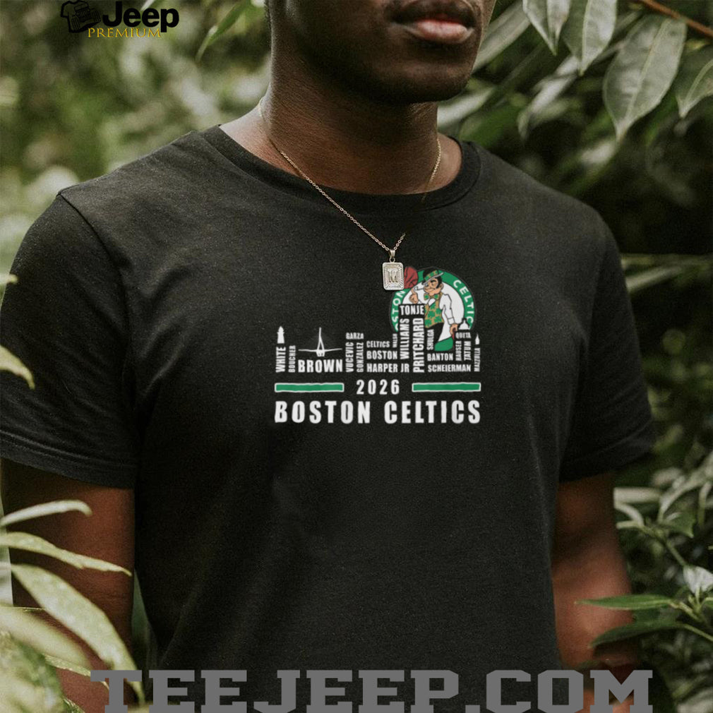 Boston Celtics 2026 Roster Player Names Green White Basketball City Skyline T Shirt