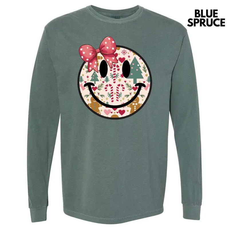 Bow Christmas Happy Face Long Sleeve Comfort Colors T-Shirt 'NLB' Hoodie, Sweatshirt | WearSparks.com