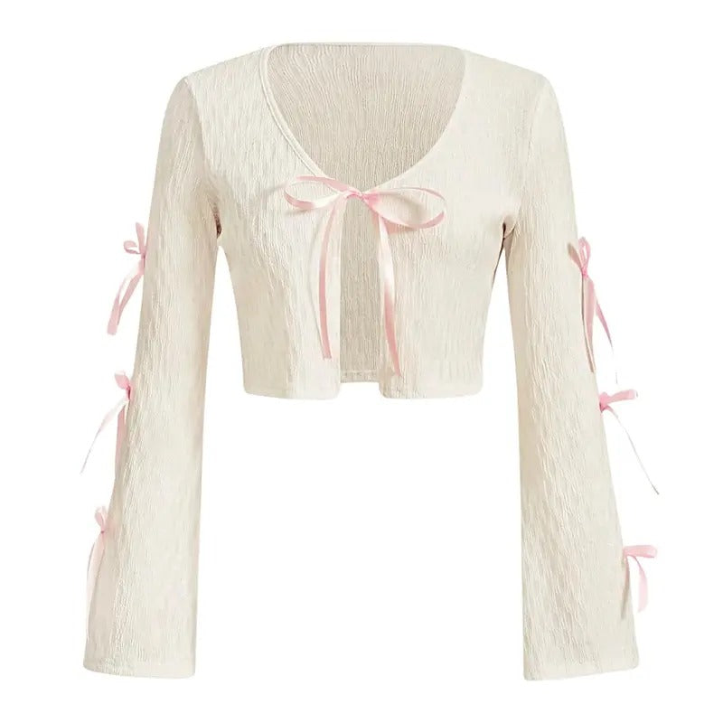 Bow Tie Front Shirt Top Bell Long Sleeve V Neck Split Crop Top