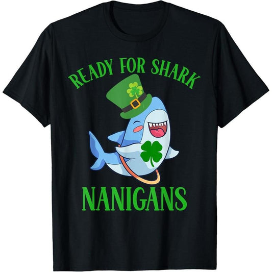 Boys St Patricks Day Shirts With Sharks Shenanigans Funny T-Shirt made in USA