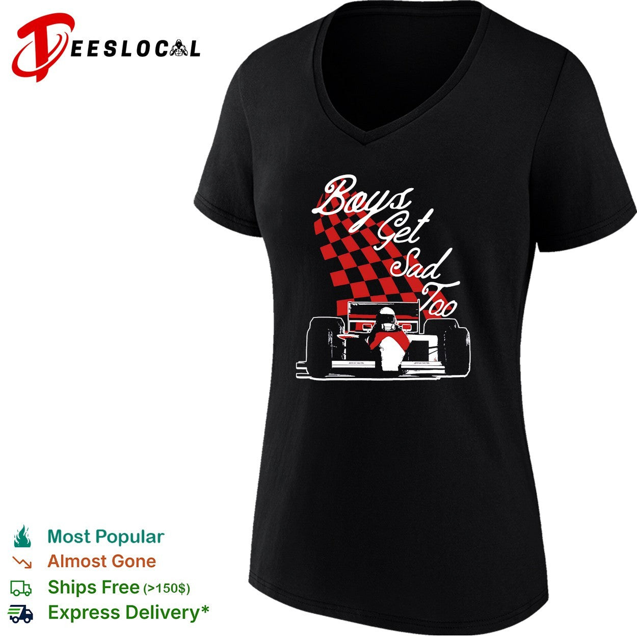Boys get sad too race car driver sitting checkerboard pattern shirt