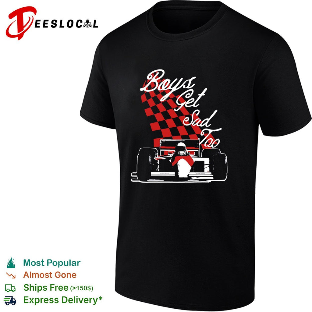 Boys get sad too race car driver sitting checkerboard pattern shirt