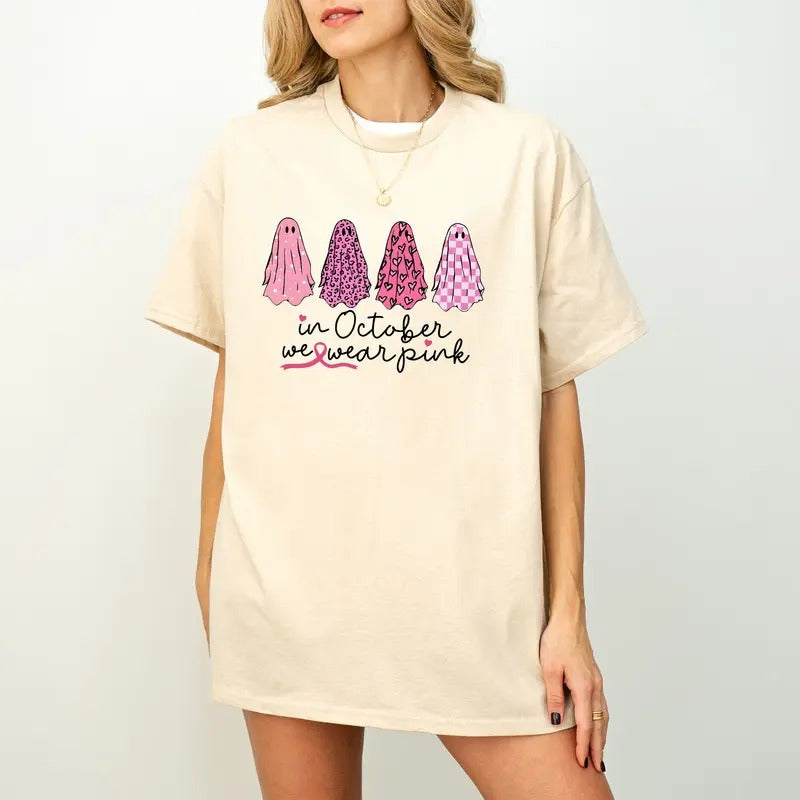 Breast Cancer Support Squad Shirt, In October We Wear Pink Ghosts, Breast Cancer Awareness Gift For Survivor Friends &...