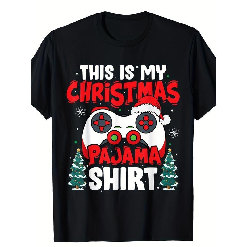 Breathable Soft Comfortable Christmas Pajama Video Game Gamer Boys Teens Printed T-shirt, Black, Casual Short Sleeve, Daily Wear, All Season, Men Made in USA