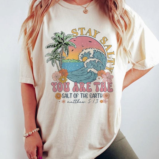 Breathable Stay Salty Bible Verse Shirt, Christian Shirt, Beach T-Shirt, Faith Based Shirt, Jesus Shirt, Christian Gifts, Beach Vibes Shirt, You Are The Salt Of Earth, Summer Beach Tee, Christian Beach Women Top Casual Comfort Colorful Comfortable Tshirt