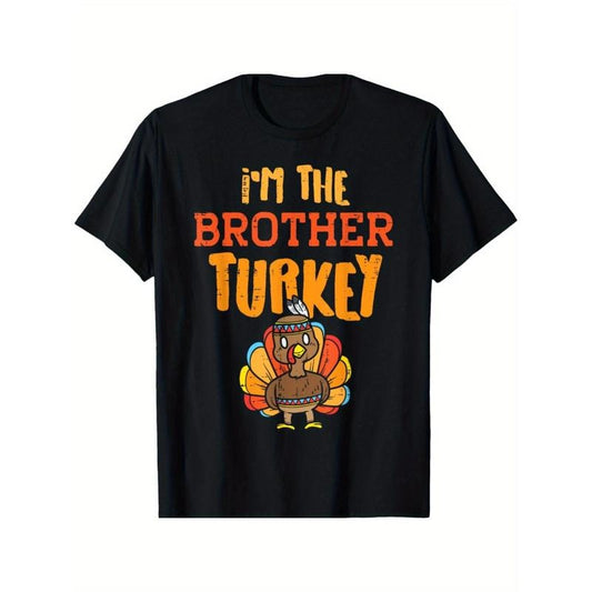 Brother Turkey Thanksgiving Cotton T-Shirt, Geometric Pattern, Casual Sports Tee with Round Neck, Stretch Fabric, Unisex for Running, Cycling, Daily Wear - Black Made in USA