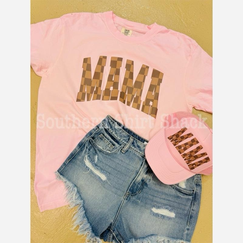 Brown Checkered Mama T shirt | Blossom comfort colors t shirt | Mama T shirt