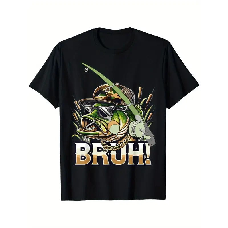 Bruh Funny Fishing Graphic for Men Teen Slang Fishing T-Shirt Made in USA