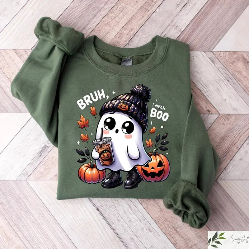 Bruh I Mean Boo Ghost Sweatshirt, Ghost Halloween Coffee Sweater, Halloween Party Boo Spooky Season Womenswear Cotton Sweatshirt Unisex Check