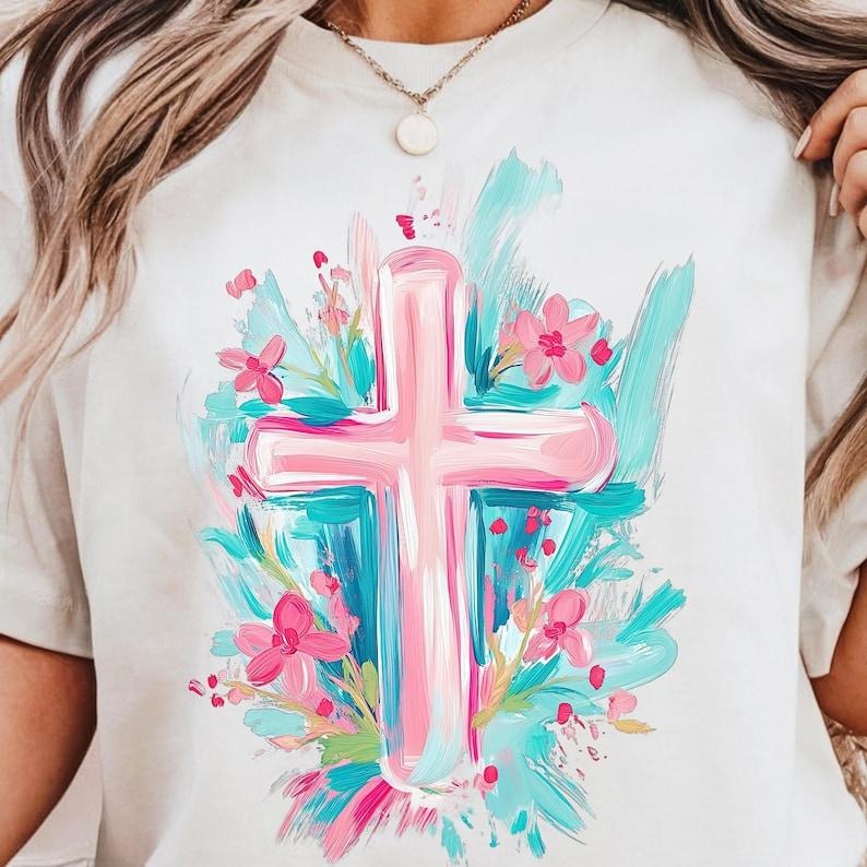 Brushstroke Easter Cross with Florals Shirt, Easter Cross Christian Girl Tee, Spring Floral Preppy Easter Gift