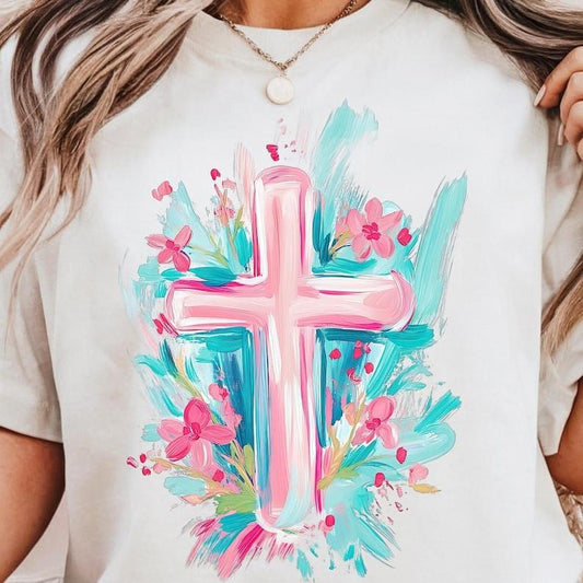 Brushstroke Easter Cross with Florals Shirt, Easter Cross Christian Girl Tee, Spring Floral Preppy Easter Gift