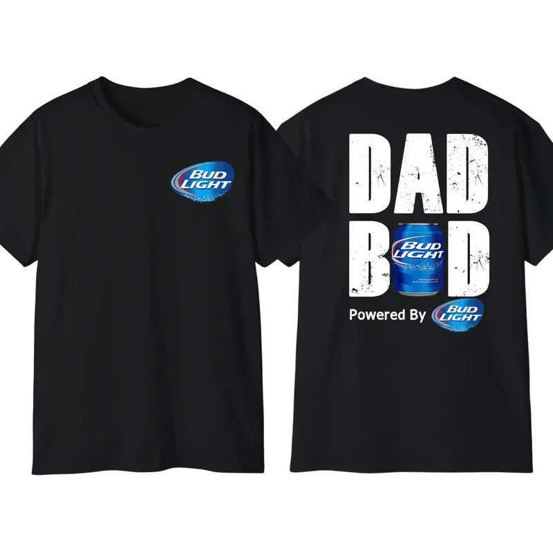 Bud Light Dad Bod Powered By Bud Light 2-Sided T-shirt for Men, Men's Beer Drinking Tees, Funny Drink Top for Daddy, Cotton Menswear Crewneck Fabric