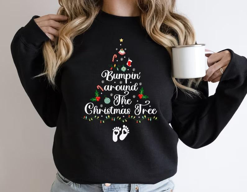 Bumpin' around the Christmas tree, Pregnancy Christmas Sweater, Christmas Sweatshirt, Baby Reveal Shirt, Christmas Reveal, Baby Announcement
