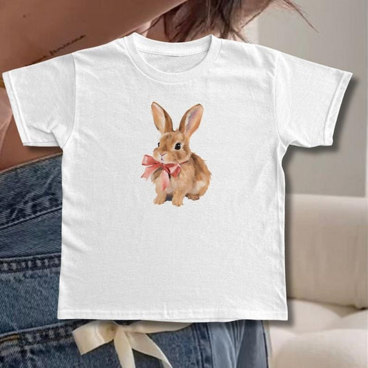 Bunny Baby Tee Pink Bow y2k Baby Tee Rabbit Pink Ribbon Vintage Aesthetic Women's T-Shirt Trendy