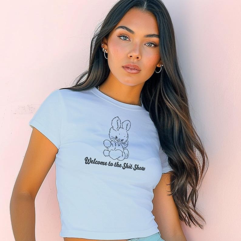 Bunny Show Micro Rib Baby Tee, Trendy Vintage Graphic T-Shirt, Stylish Fitted Women's Shirt, Edgy Streetwear Cute Gifts for Girls
