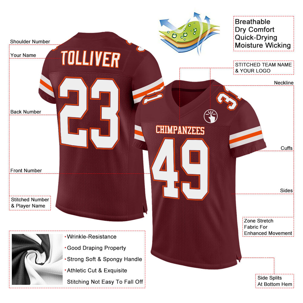 Custom Burgundy White-Orange Mesh Authentic Football Jersey T-Shirts, Hoodie, Sweatshirt | WearSparks.com (Image 2)