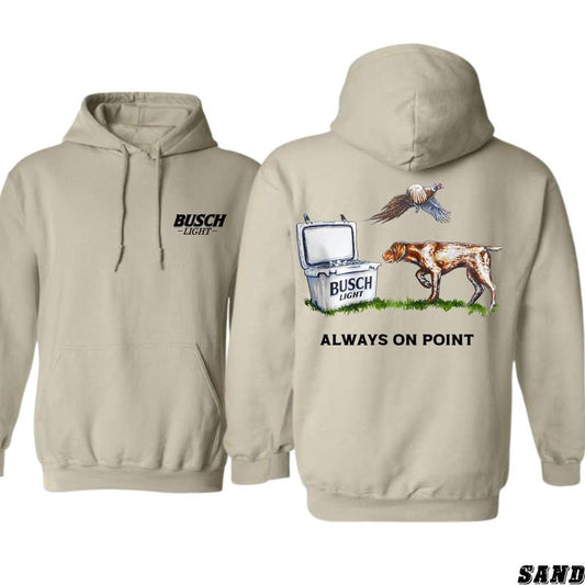 Busch Light Hoodie - Always On Point Design with Hunting Dog and Cooler, country boy clothing, Perfect for Outdoor Enthusiasts, Ideal for Casual Wear, Comfortable and Stylish, Hoodie For Men, Hoodie For Women Casual Sweater Menswear Tops