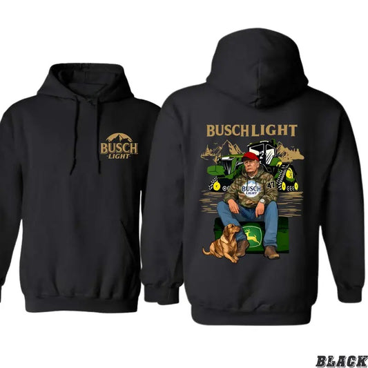 Busch Light Hoodie - Rustic Outdoor Design Featuring Farmer, Dog, and Tractor Scene, Perfect for Beer Enthusiasts, Everyday Comfort, Menswear Sweaters