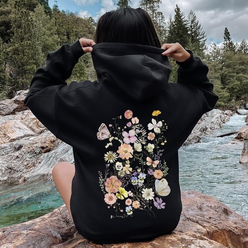 Butterfly Mountain Meadow Pressed Flower Hoodie T-Shirts, Sweatshirt | WearSparks.com