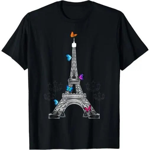 Butterfly with Eiffel Tower French Parisian Homeland T-Shirt Made in USA