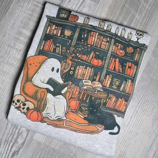 CAT Spooky Season Ghosty Books Design Sweatshirt with Halloween Icons and Ghosts Pattern