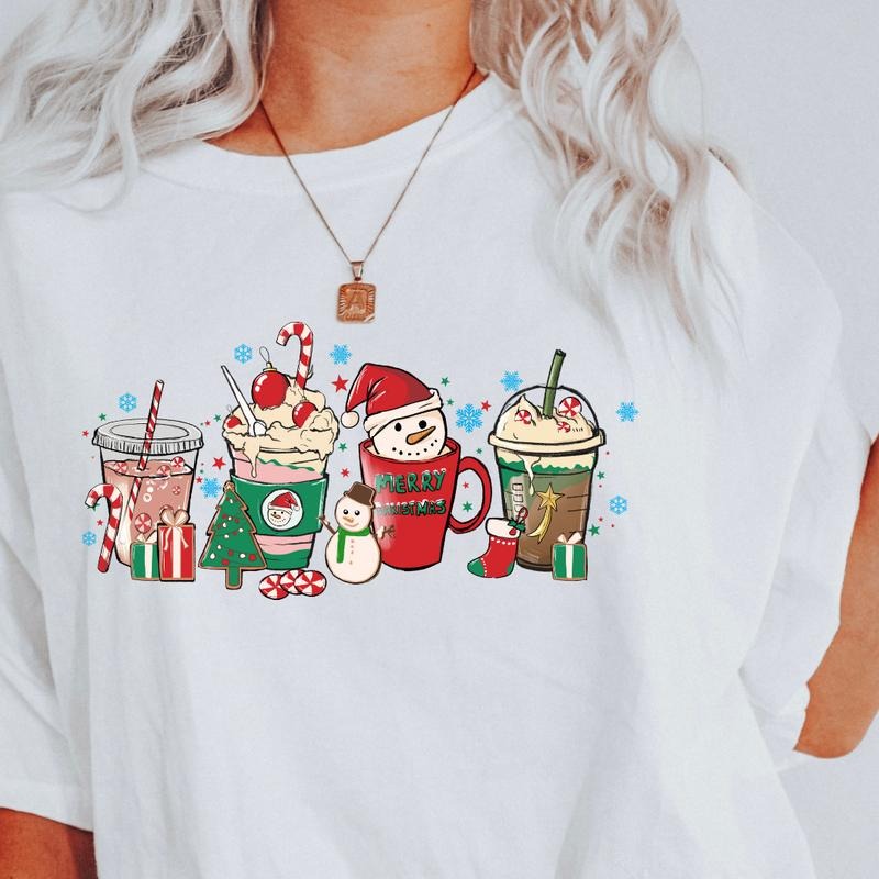CHRISTMAS COFFEE T-SHIRT (COMFORT COLORS T-SHIRT, CASUAL SHIRT UNISEX, CHRISTMAS CLOTHING, GRAPHIC APPAREL, HOLIDAY SHIRT) Cotton Fabric