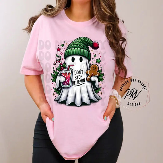 CHRISTMAS DON'T STOP BELIEVING GHOST T SHIRT, CHRISTMAS T SHIRT, GRAPHIC T SHIRT, T SHIRT FOR WOMEN Cotton Womenswear Tshirt Top Fit Casual Original Underwear