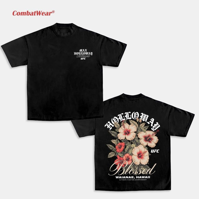 COMBATWEAR Max Holloway UFC 318 Hibiscus Heavy Cotton T-Shirt, UFC Fan Blessed Custom Vintage Design, Custom Bootleg UFC Tee, Max Holloway Vintage Tee, UFC Merch