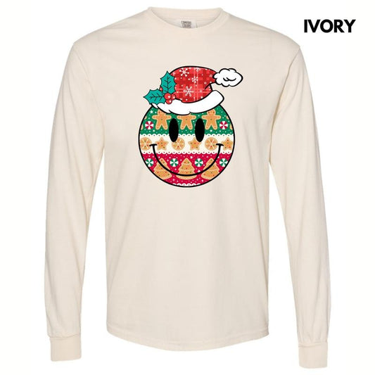 CRAZY Christmas Happy Face Long Sleeve Comfort Colors T-Shirt 'NLB'