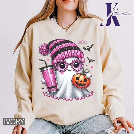CUTE PINK BEENIE GHOST COMFORT COLORS SHIRT, GHOST COMFORT COLORS SHIRT, HALLOWEEN COMFORT COLORS T SHIRT, GRAPHIC T SHIRT, T SHIRT FOR WOMEN Cotton Womenswear Tshirt Crewneck Top
