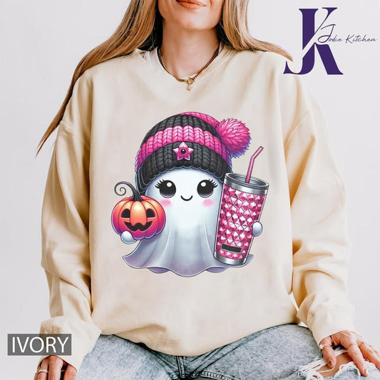 CUTE PINK BEENIE GHOST COMFORT COLORS T SHIRT, GHOST COMFORT COLORS T SHIRT, HALLOWEEN COMFORT COLORS T SHIRT, GRAPHIC T SHIRT, T SHIRT FOR WOMEN Cotton Womenswear Tshirt
