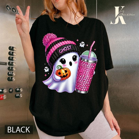 CUTE PINK BEENIE GHOST COMFORT COLORS T SHIRT, GHOST COMFORT COLORS T SHIRT, HALLOWEEN COMFORT COLORS T SHIRT, GRAPHIC T SHIRT, T SHIRT FOR WOMEN Cotton Womenswear Tshirtstyle{n002}2