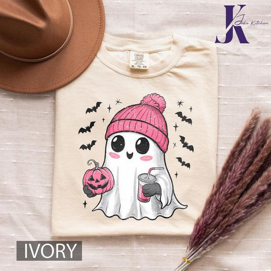 CUTE PINK BEENIE GHOST COMFORT COLORS T SHIRT, GHOST COMFORT COLORS T SHIRT, HALLOWEEN COMFORT COLORS T SHIRT, GRAPHIC T SHIRT, T SHIRT FOR WOMEN Cotton Womenswear Tshirtstyle{n002}3
