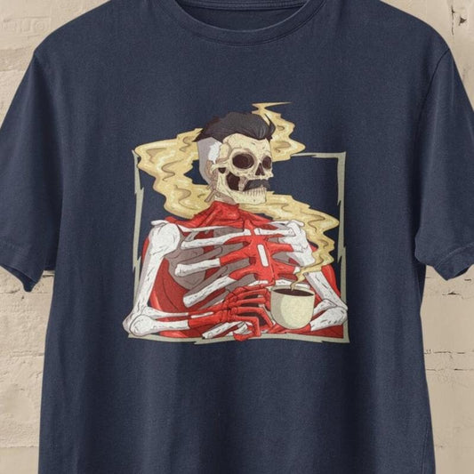 Caffeinated Hero Skeleton Tee, Sci-Fi Comic Fan Shirt, Unique Superheroe Graphic Tee, Superhero Costume Shirt, Funny Skeleton Fan Tee