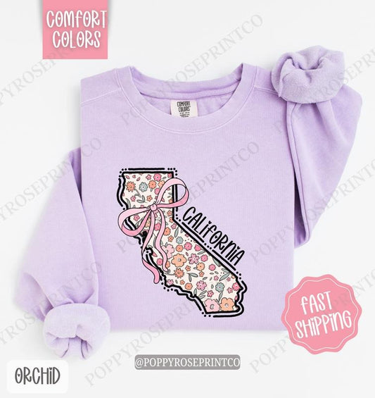 California Floral Comfort Colors Sweatshirt, California Sweatshirt, Cute Bow California Sweatshirt