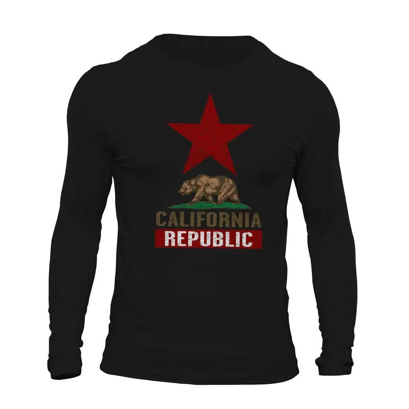 California Republic Top Star Long Sleeve Men's T-Shirt Casual Crewneck Classic Cotton Menswear Soft Hoodie, Sweatshirt