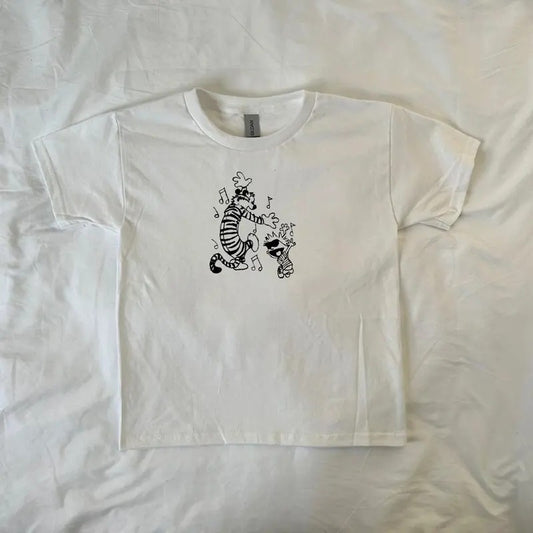 Calvin and Hobbes baby tee, Vintage-Style Cartoon T-Shirt, streetwear clothing, Pinterest, retro, comic duo, 90s style