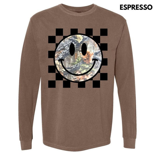 Camo Checker Happy Face Long Sleeve Comfort Colors T-Shirt 'NLB'