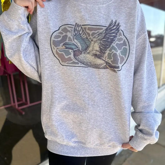 Camo Flying Mallard Bird Old School Camo Vintage Crewneck, T-shirt, Cotton Hoodie Sweatshirts Womenswear Day Love Polyester Tops